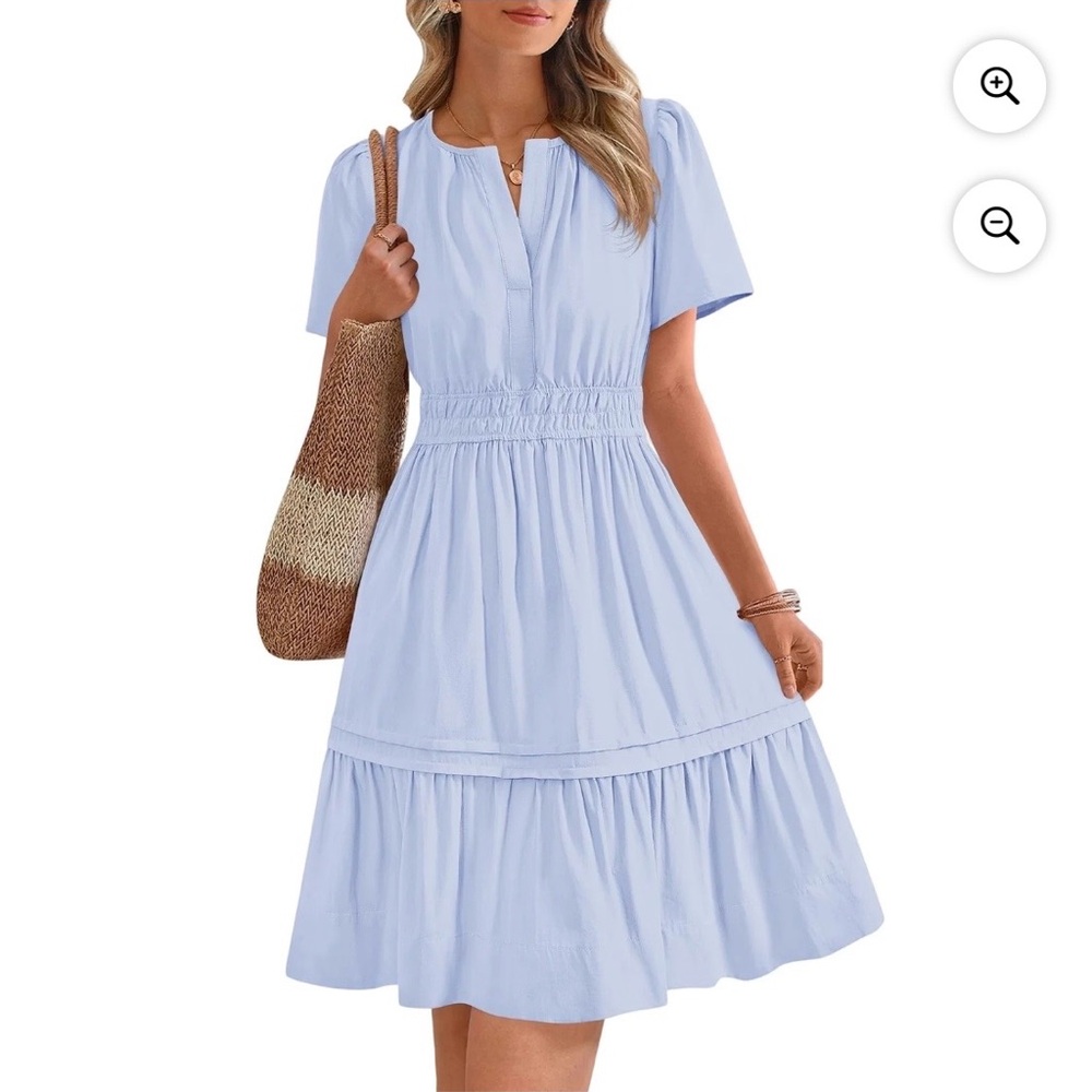 Light Blue Short Sleeve Smocked Waist Dress
